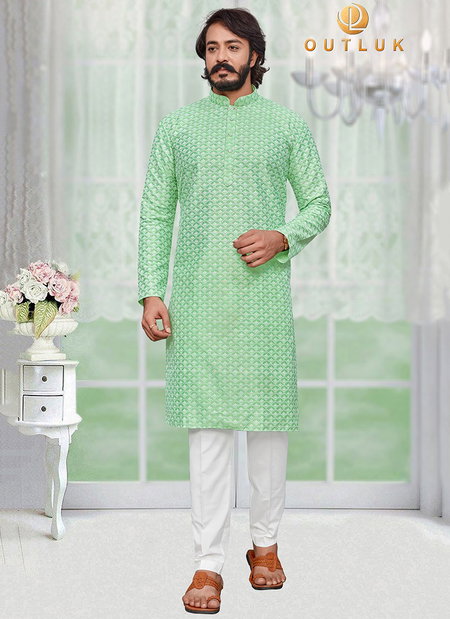 Light Green Colour Outluk vol 25 Stylish Fancy Designer Party And Function Wear Art Silk With Lucknowi Kurta Churidar Pajama Redymade Collection 25002